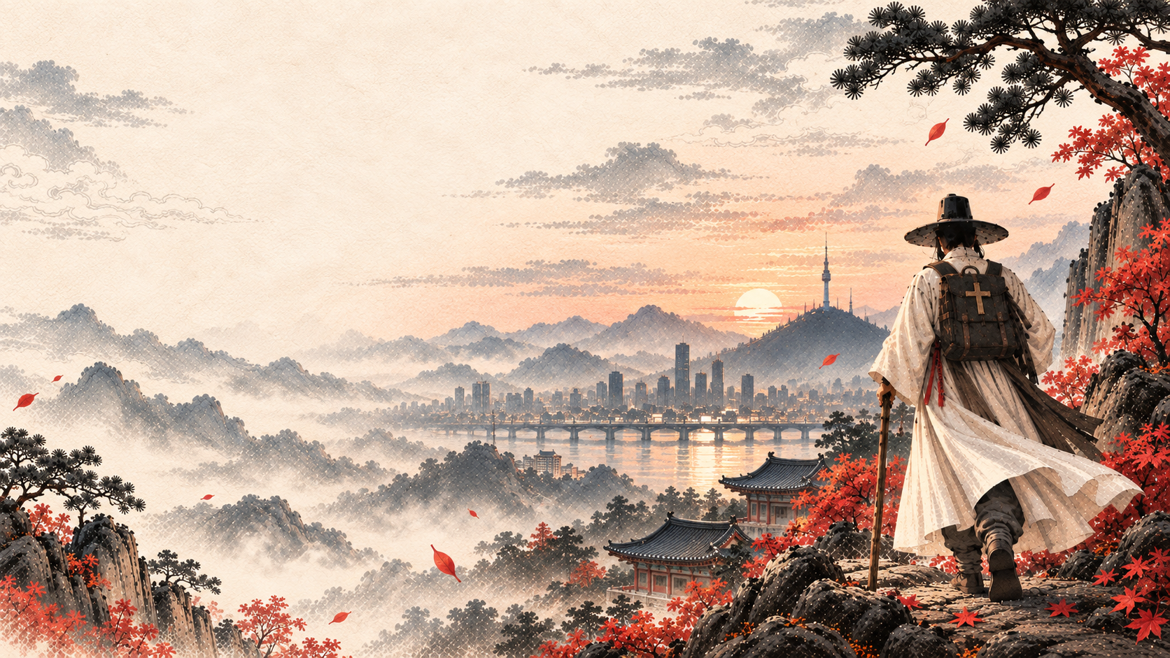 A pilgrim overlooking Seoul from the mountains at sunrise